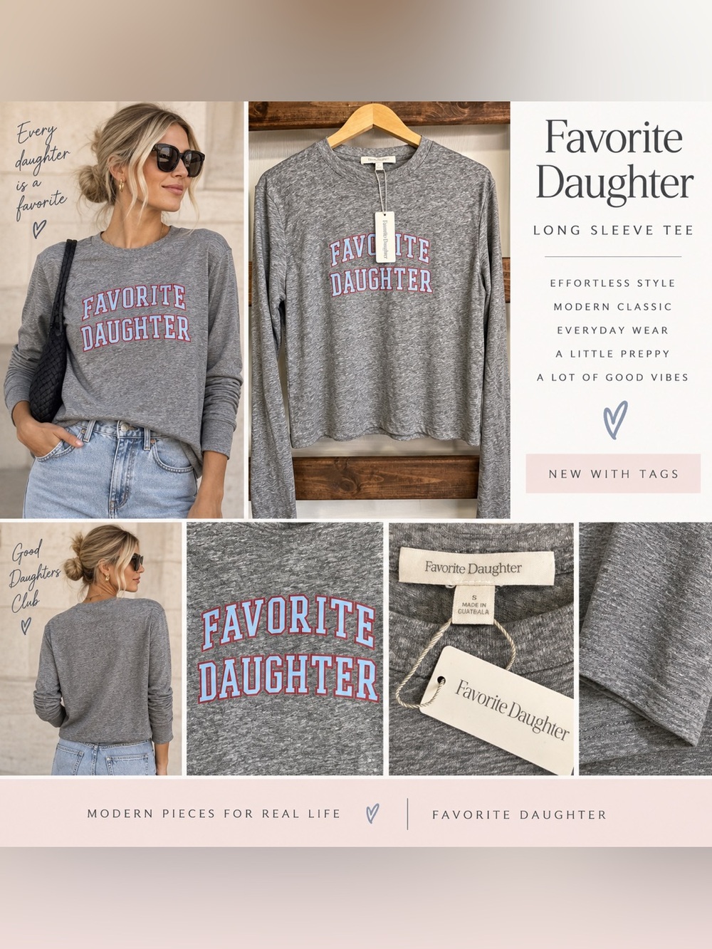 Favorite Daughter Varsity Long Sleeve Tee Gray Size S NWT